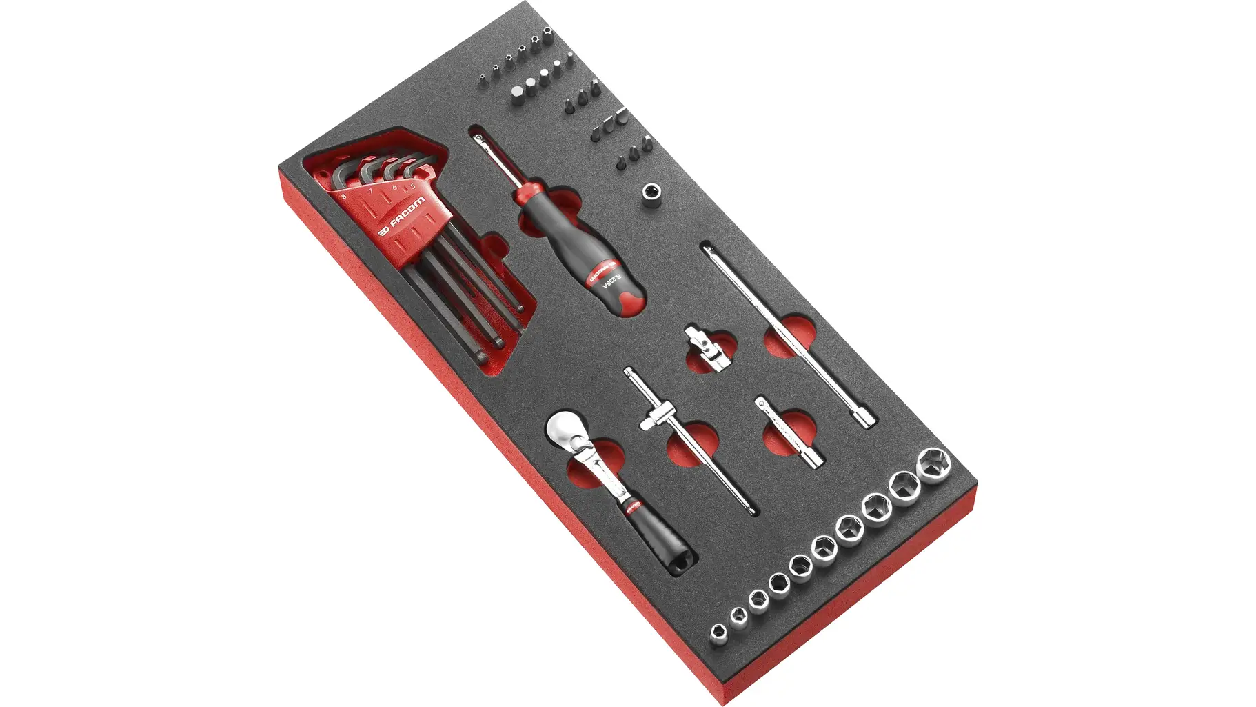 Modul mit 71/4” Steckschlüsseln, Stiftschlüsseln und Bits 6-Kant – 46-tlg. in Schaumstoffeinlage