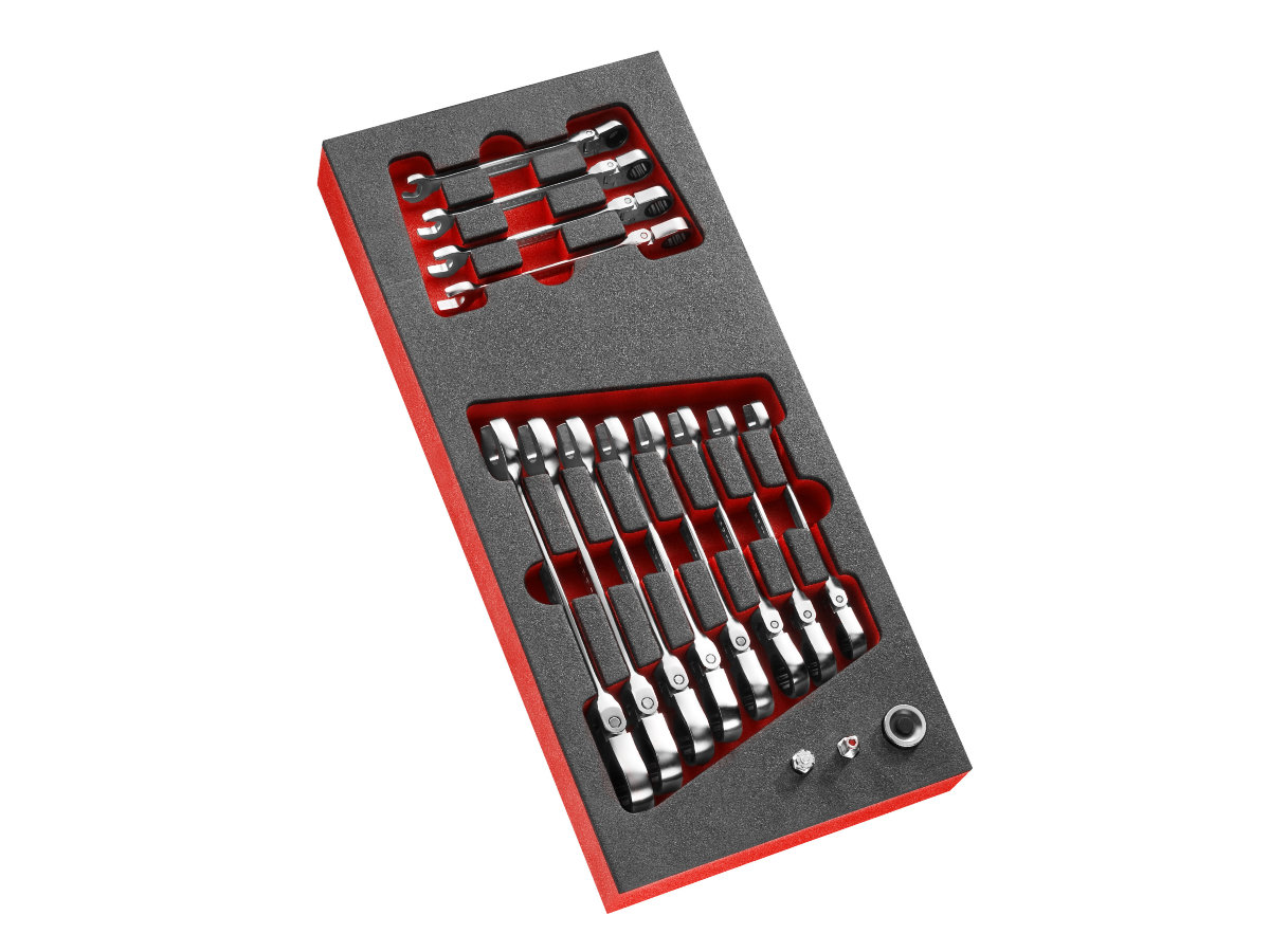 Modul mit 12 Maul- und Ringratschenschlüsseln mit Gelenk in Schaumstoffeinlage